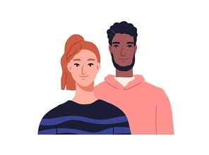Couple portrait. Biracial man and woman faces. Happy smiling friends, young male and female characters. Wife and husband of different race. Flat vector illustration isolated on white .