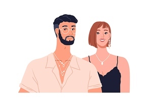 Happy modern man and woman, face portrait. Smiling couple wearing accessories, jewelries. Pretty people, young male and female. Flat vector illustration of girl and guy isolated on white .