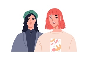 Young women couple, face portrait. Happy smiling girlfriends together. Modern fashion girls friends, sisters. Two pretty trendy people. Colored flat vector illustration isolated on white .