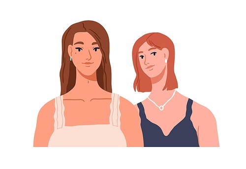 Young women couple face portrait. Happy smiling girl friends. Modern homosexual girlfriends. Two love romantic lesbian people of same sex. Flat vector illustration isolated on white .