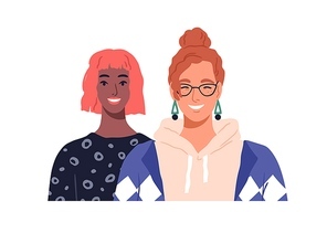 Young biracial women, love couple face portrait. Happy smiling girlfriends of different race. Modern homosexual lesbian girl friends together. Flat vector illustration isolated on white .
