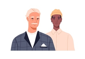 Young and senior men face portrait. People of different race, age. Elderly and youth generation. Diverse old male and modern trendy guy. Flat vector illustration isolated on white .