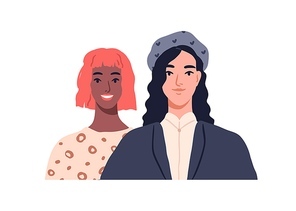 Girls couple portrait. Happy female friends of different race. Modern fashion biracial girlfriends together. Lesbian homosexual love partners. Flat vector illustration isolated on white .