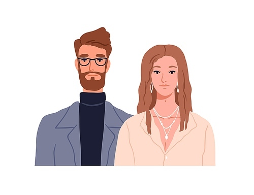 Man and woman partners couple. Two happy young elegant people characters portrait. Modern husband and wife, pretty smiling spouse, pair together. Flat vector illustration isolated on white .