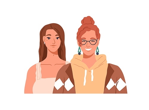 Happy girls friends face portrait. Smiling pretty women couple together. Female partners, different young modern girlfriends characters. Flat vector illustration isolated on white .