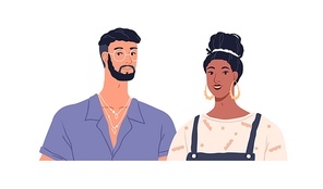 Young happy man and woman of different race together. Biracial love couple. Smiling romantic partners. Interracial boyfriend and girlfriend. Flat vector illustration isolated on white .