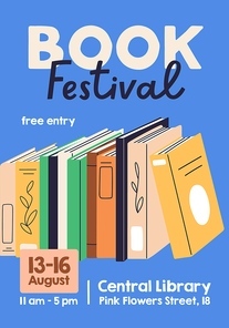 Book festival poster design. Library, bookstore fair, market flyer. Promo banner template for literature club, reading event. Advertisement flier of literary presentation. Flat vector illustration.