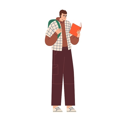 Guy student standing with book, reading and studying. Young man holding textbook, learning with academic literature. Person preparing for exam. Flat vector illustration isolated on white .