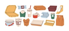 Cardboard boxes, bags for takeaway food. Paper, plastic delivery containers, cups. Empty take away packages. Carton disposable, recyclable packs. Flat vector illustrations isolated on white .