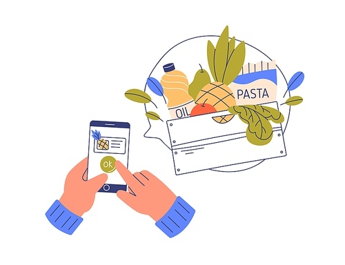 Ordering groceries online. Shopping with smartphone app, buying food with mobile phone, filling basket of delivery service, confirming purchase. Flat vector illustration isolated on white .