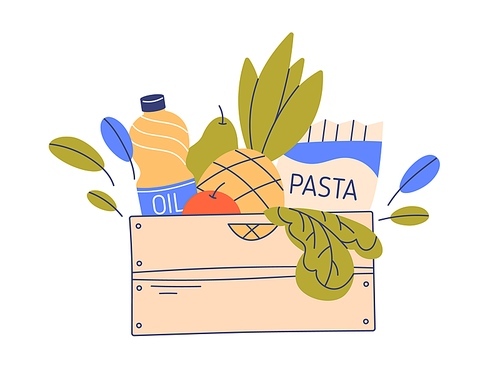 Fresh groceries, food products in wood crate. Purchases, fruits, pasta, oil in wooden box. Package container full of healthy goods. Colored flat vector illustration isolated on white .
