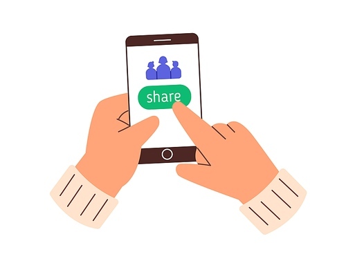 Clicking Share button on phone screen in mobile donation app. Hands holding smartphone, donating using charity application. Online help concept. Flat vector illustration isolated on white .