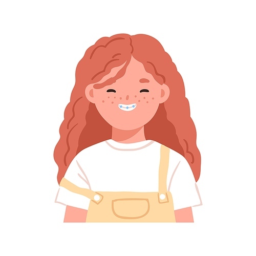 Happy girl head portrait. Cute smiling redhead child with freckles on face, ginger hair and braces on teeth. Adorable kid student, schoolgirl. Flat vector illustration isolated on white .