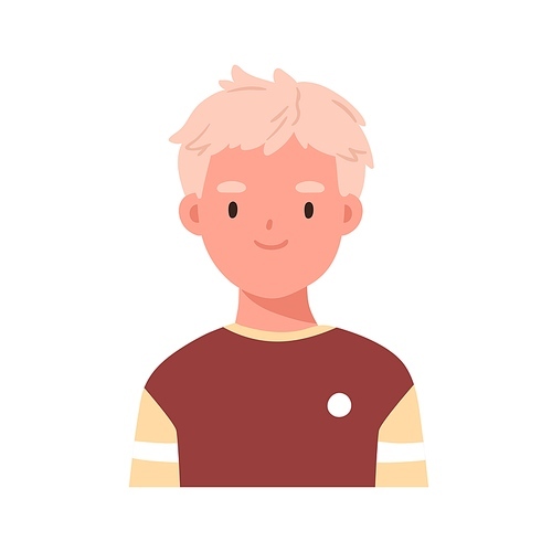 Cute boy head portrait. Positive child face avatar. Happy smiling school kid, little student. Adorable Scandinavian schoolboy with blonde hair. Flat vector illustration isolated on white .