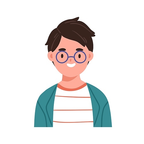 Smart boy in glasses, head portrait. Cute school kid face. Child in eyeglasses. Smiling schoolboy, little student. Schoolchild in eyewear. Flat vector illustration isolated on white .