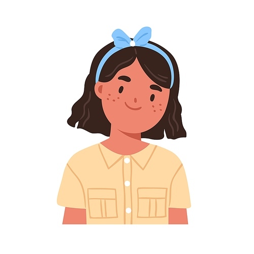 Happy girl face portrait. Cute smiling kid with headband and bow on head. Adorable school child, schoolgirl. Little elementary student avatar. Flat vector illustration isolated on white .