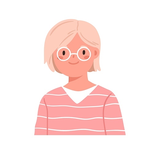 Smart school girl in glasses. Smiling child in eyeglasses, head portrait. Little kid face avatar. Clever schoolgirl in eyewear, spectacles. Flat vector illustration isolated on white .