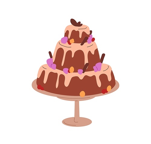 Layered cake with decoration. Sweet chocolate birthday dessert with dripping melting cream. Wedding food, confectionery on dish. Flat graphic vector illustration isolated on white .