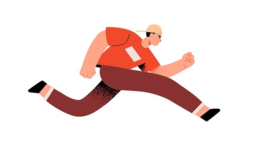Person running, rushing and trying to succeed in life challenges. Aspirations and fast lifestyle concept. Determined man pushing forward to aim. Flat vector illustration isolated on white .