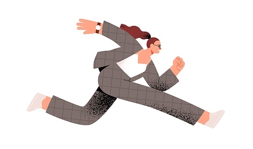 Business person hurrying and running forward at high speed to achieve aims and succeed in career ambitions. Fast lifestyle concept. Woman rushing. Flat vector illustration isolated on white .