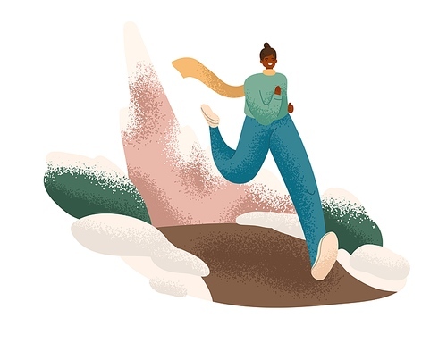 Woman running outdoors in winter. Happy runner jogging in nature in cold weather with snow. Jogger in scarf and sweater in park. Flat graphic vector illustration isolated on white .
