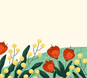 Floral card with wild flowers, field plants, grass on summer meadow. Background design with delicate blossomed wildflowers. Romantic postcard with pretty blooms. Flat vector illustration.