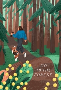 Woman and dog walking in forest. Summer nature landscape card background with trees in woods, person and pet. Girl strolling in woodland on holidays, weekend. Colored flat vector illustration.