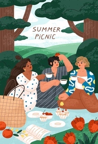 Women on summer picnic. Girls friends relaxing on blanket in nature with tea and desserts outdoors on holidays, weekend. Card design with girlfriends in park. Colored flat vector illustration.