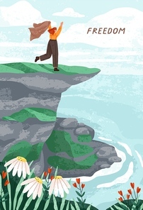 Happy free woman on top of mountain cliff with view on sea, ocean. Freedom card design with nature peace, summer landscape and carefree person enjoying seaside. Colored flat vector illustration.