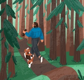 Person and dog walking in forest among trees. Puppy owner going away along footpath with doggy companion. Woman and animal in nature, woods. Girl strolling with pup friend. Flat vector illustration.