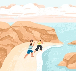 Happy love couple running along sea coast. Carefree romantic man and woman rejoicing summer holidays. Calm peaceful landscape, nature with people at seashore, ocean. Flat vector illustration.