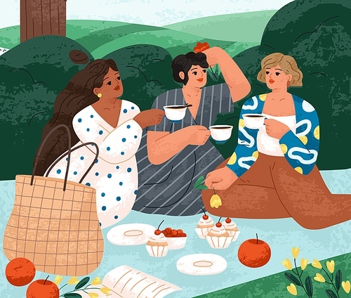 Women friends on summer picnic, sitting on blanket in park, drinking tea and talking. Girls relaxing in nature on summertime holidays. Outdoor hen party, leisure time. Flat vector illustration.