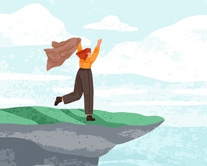 Happy free woman rejoicing on top, edge of mountain cliff. Person gesturing arms up, feeling independent, looking at sea view landscape. Freedom, unity with nature concept. Flat vector illustration.