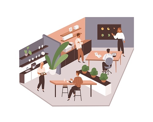 Office life with employees at kitchen and work area. People at meeting and dining tables in company, agency interior. Colleagues communication. Flat vector illustration isolated on white .