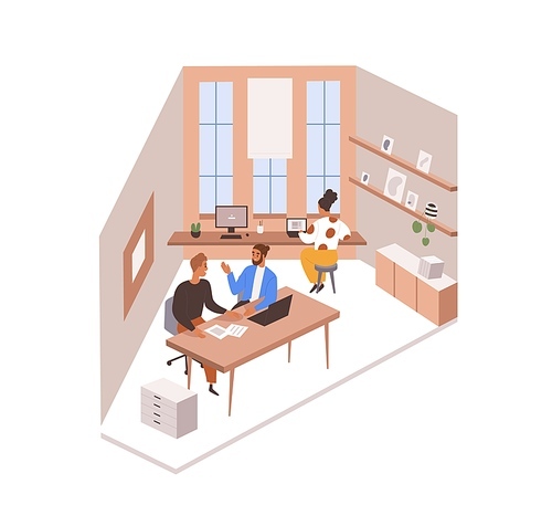 Office life with colleagues discussing and employee working at laptop. Coworking corporate area interior in company. People workers at work. Flat vector illustration isolated on white .