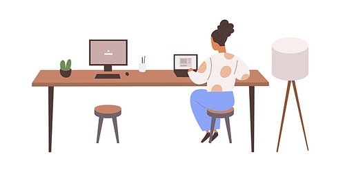 Employee at laptop computer replacing absent person. Woman at office desk and empty chair, vacant workplace. Absence from work concept. Flat vector illustration isolated on white .