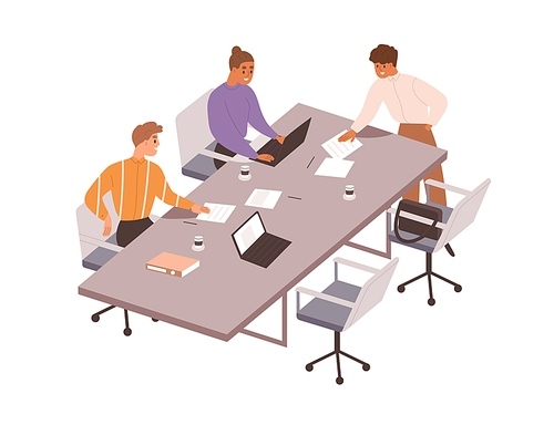 Team at business meeting at conference table. People work with laptops, documents together at office desk. Employees teamwork, discussion. Flat vector illustration isolated on white .