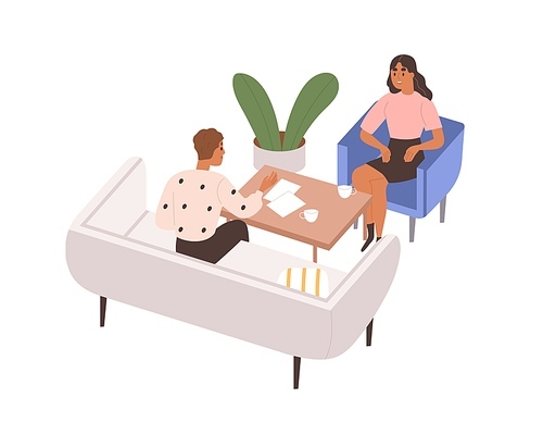 Colleagues at office meeting at coffee table, talking, discussing work. Employees sitting in armchair, sofa. Business communication with partner. Flat vector illustration isolated on white .