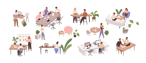 People at office work set. Business workers, employees at workplaces with desk, computers. Men, women colleagues at corporate lifestyle scenes. Flat vector illustrations isolated on white .