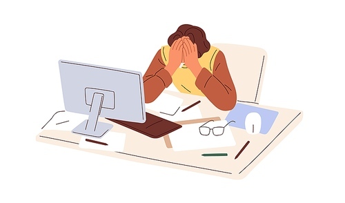 Tired overworked employee at workplace. Exhausted fatigue office worker with eyes ache, sitting at computer desk, overloaded with work, papers. Flat vector illustration isolated on white .