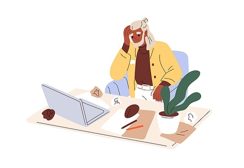 Work crisis, lack of ideas, burnout concept. Sad confused creative worker, crumpled papers at office desk. Frustrated employee at laptop. Flat graphic vector illustration isolated on white .