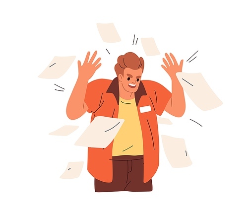 Angry disgruntled office worker in stress, anger. Furious annoyed crazy employee throwing paper documents. Man in bad mood screaming, gesturing. Flat vector illustration isolated on white .