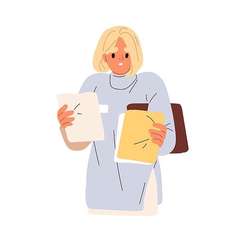 Upset person holding documents. Sad surprised employee reading business report. Office worker with official papers, bad information in hands. Flat vector illustration isolated on white .