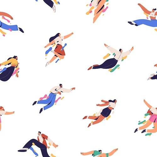 Seamless pattern with happy flying people. Repeating background with free active young men and women. Endless texture with excited enthusiastic youth in flight. Flat graphic vector illustration.