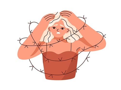 Person with barbed wire around. Psychology mental concept of restriction, limitation, lack of freedom. Woman with barbwire, deprived of liberty. Flat vector illustration isolated on white .
