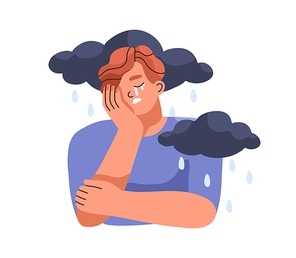 Sad depressed person crying. Depression and mental disorder, psychology concept. Unhappy man with rain and clouds. Gloomy mood and despair. Flat vector illustration isolated on white .