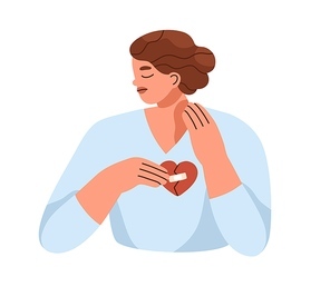 Sad woman with broken heart. Unrequited unshared love, relationship problems concept. Heartbroken unhappy person suffering from breakup, divorce. Flat vector illustration isolated on white .