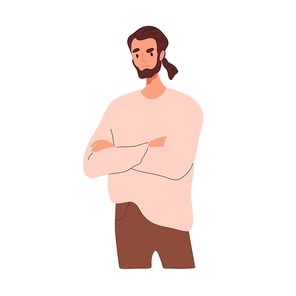 Angry sad person frowning. Frustrated upset thoughtful man with unhappy pensive face expression and arms crossed. Gloomy disappointed pessimist. Flat vector illustration isolated on white .