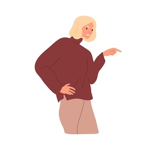 Angry dissatisfied woman pointing with finger, complaining, blaming and criticizing. Exasperated furious rude person in anger and bad mood. Flat vector illustration isolated on white .