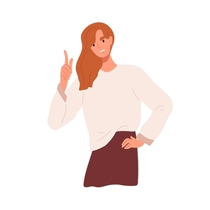 Angry annoyed woman pointing, gesturing with finger. Exasperated irritated grumpy disappointed person with negative emotion, face expression. Flat vector illustration isolated on white .